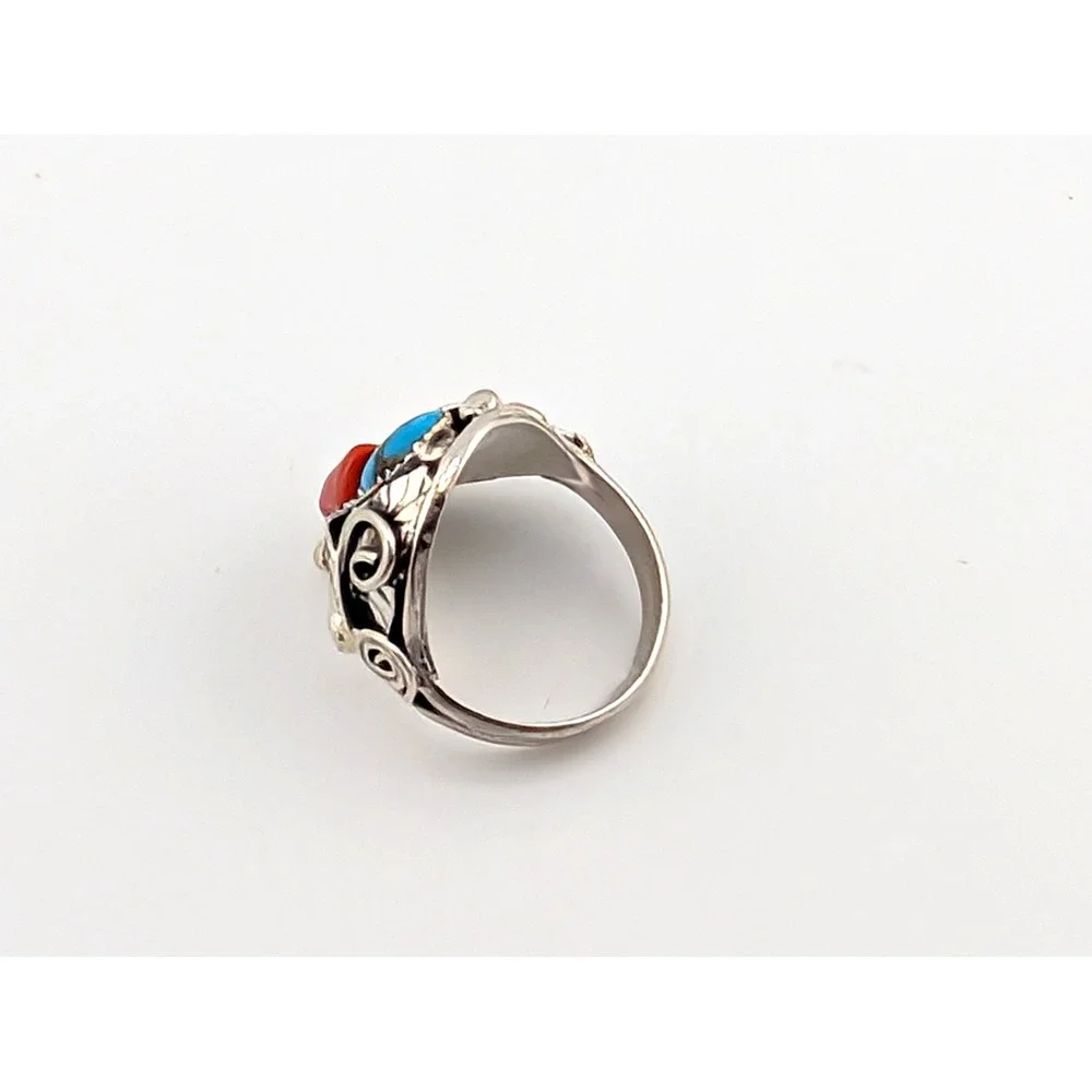 Navajo Men's Ring Sterling Silver Turquoise Coral by Lorena Brown sz 11.5 ***